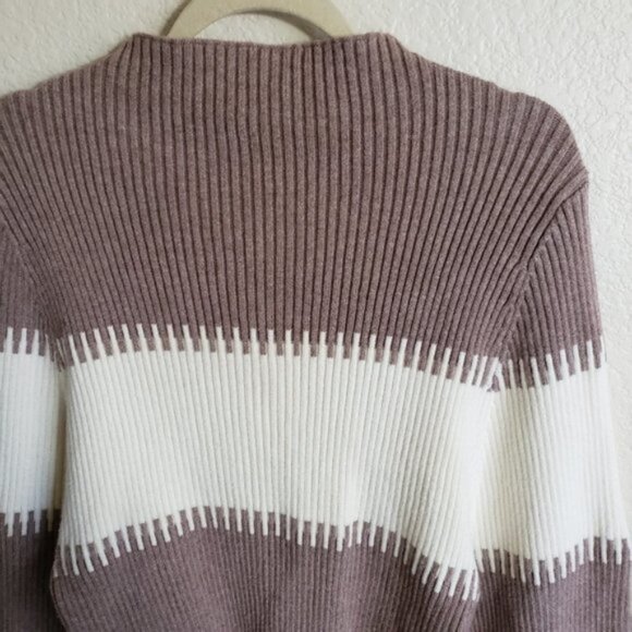 Nordstrom Mocha & Cream Mock Neck Ribbed Puff Sleeve Knit Sweater Soft size M - Picture 4 of 11